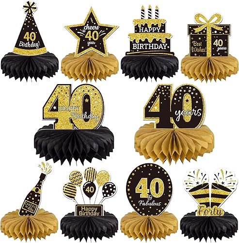 Gexolenu 10 centros de mesa de panal de 40 cumpleaños dorados y negros que saludan a 40 años, centros de mesa para decoraciones de cumpleaños de 40