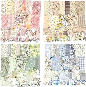 Scrapbook Supplies Kit, 400Pcs Vintage Floral Scrapbook Paper & Junk Journal Stickers,4 Pack Journaling Supplies for Bullet Journaling, Retro Crafts, Planner, Mixed Media, Collage Card