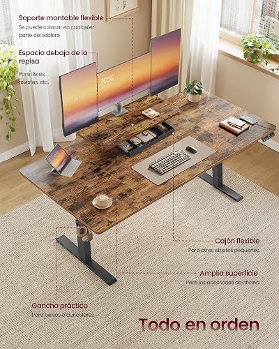 VASAGLE Bureau Électrique Réglable en Hauteur, 140 x 70 cm, Support d'Écran à Montage Flexible, Tiroir, Port USB-C, Rappel de Sédentarité, pour Télétravail, Marron Rustique LSD154KD01 - 5