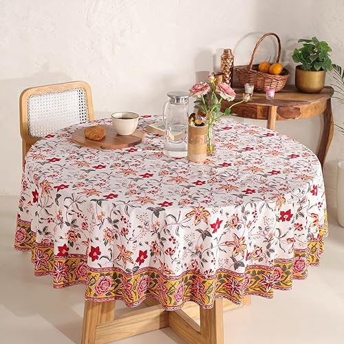 Miniatura 61 de Hand Block Printed Cotton Tablecloth – Elegant Floral Design Perfect for Dining Table Kitchen Parties Home Decor, Wall Tapestry (Peach Floral, 6