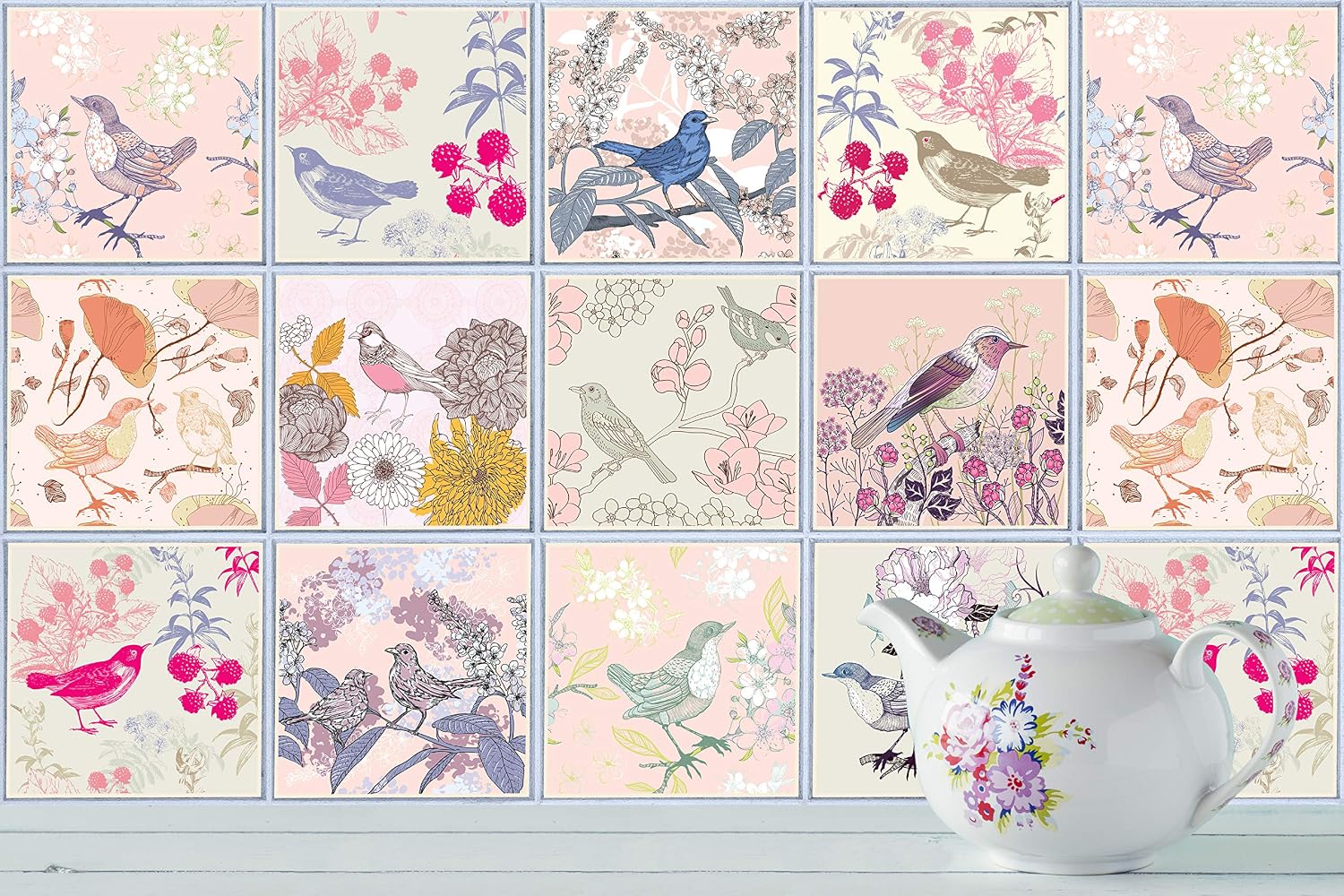IRI-GIRI Peel and Stick Backsplash Tile Stickers | 4x4 Inch Waterproof Vinyl Wall Decals for Kitchen & Bathroom | Self-Adhesive Removable DIY Tiles, Vintage Birds 1298-IG, Pack of 24