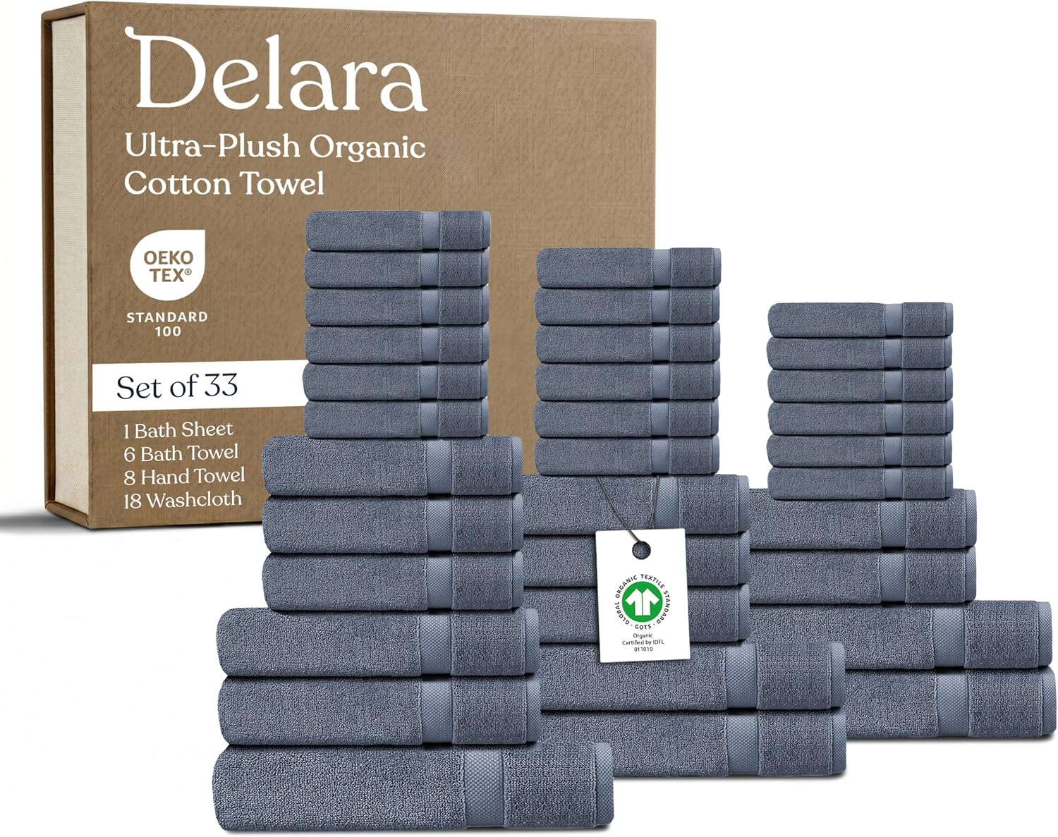 Organic Cotton Luxuriously Plush Towel 33 Piece Set|GOTS & Oeko-TEX Certified|Premium Hotel Quality Towels|Feather Touch Technology|650 GSM Long Staple|Soft, Quick Dry & Ultra-Absorbent