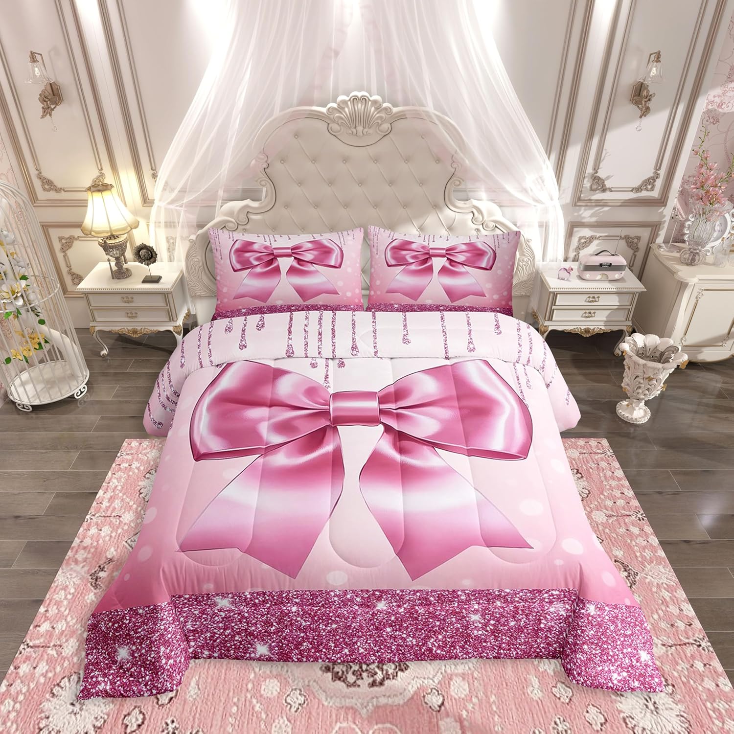 Erosebridal Kids Pink Bow Queen Comforter Set Teen Girl Coquette Bow Bedding Set Trendy Modern Fashion Preppy Bed Sets Gorgeous Glitter Bowknot Quilt Duvet Insert for Women