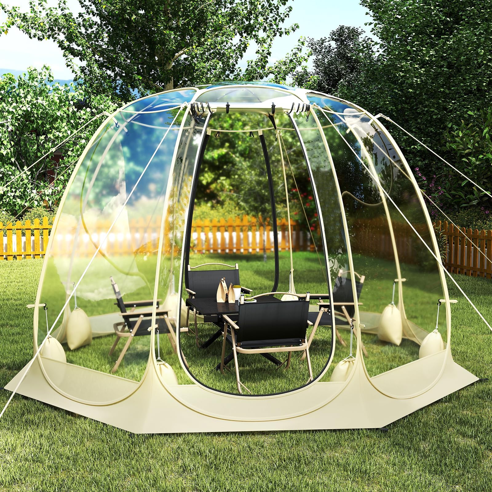 GYMAX Tente Bulle Transparente 5-6 Personnes, Abri à Dôme Extérieur Résistante au Vent pour Activités de Plein Air, Tente Pop-Up de Camping Imperméable en PVC, avec Sac de Transport