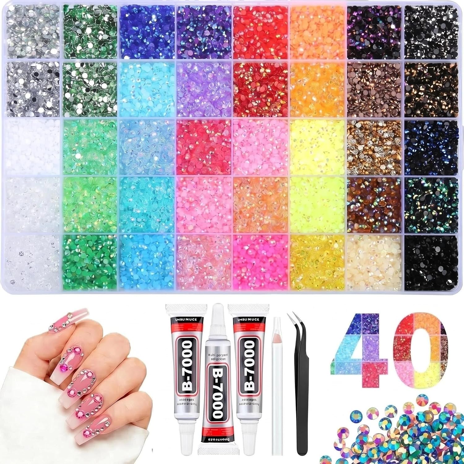 3mm Resin Rhinestones 32000Pcs, Bedazzling Kit with B7000 Glue, Tweezers & Pickup Pen, 40 Vibrant Colors for Nail Art, DIY Crafts, Clothes, Shoes, Graduation Cap, Jewelry & Home Decor