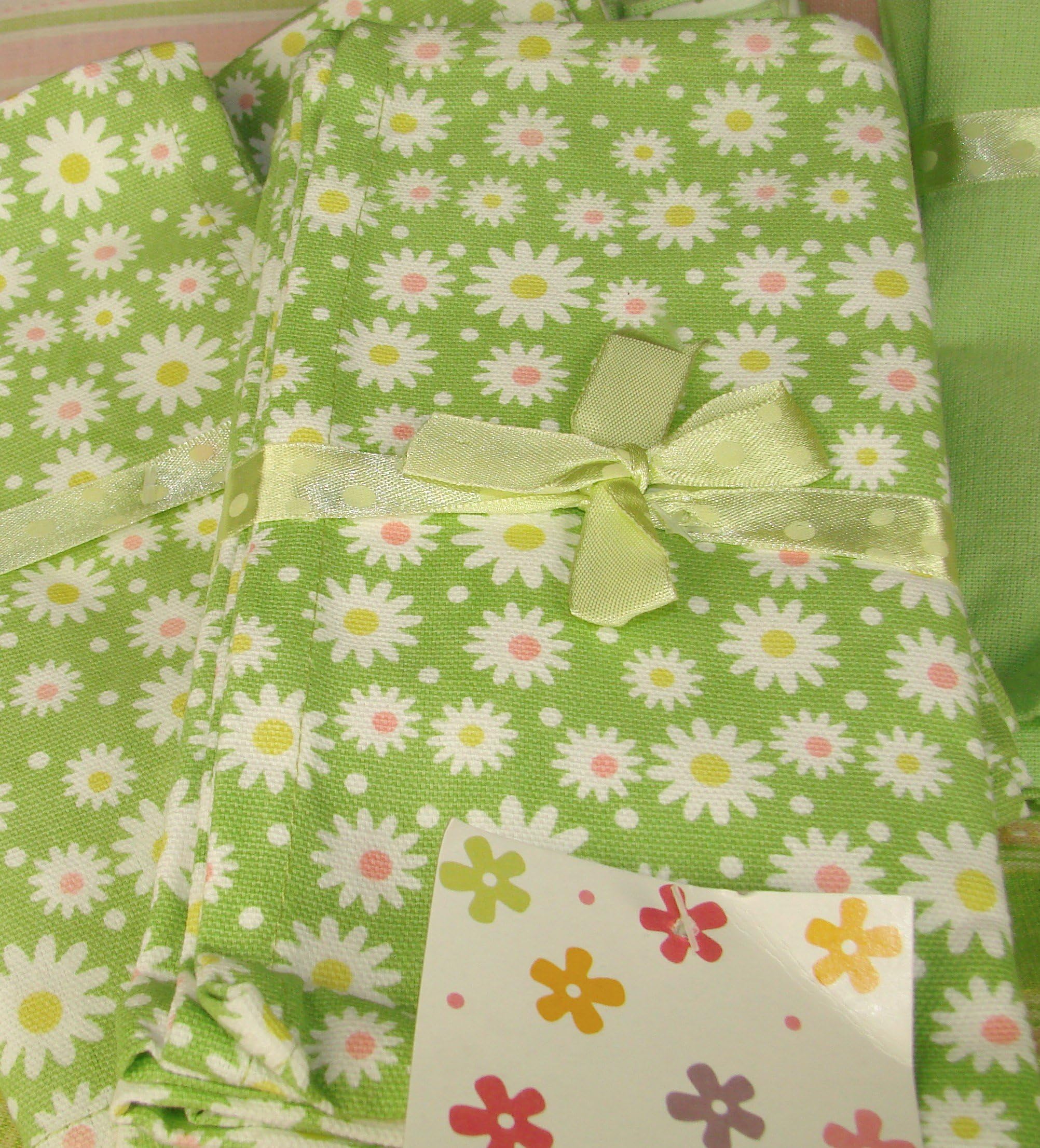 EN-C Set of 4 Easter Dinner Napkins COTTON All-Over Daisy Spring Pastel Green White Pink