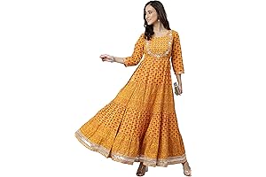 Janasya Mustard Cotton Floral Print Flared Kurta for Women