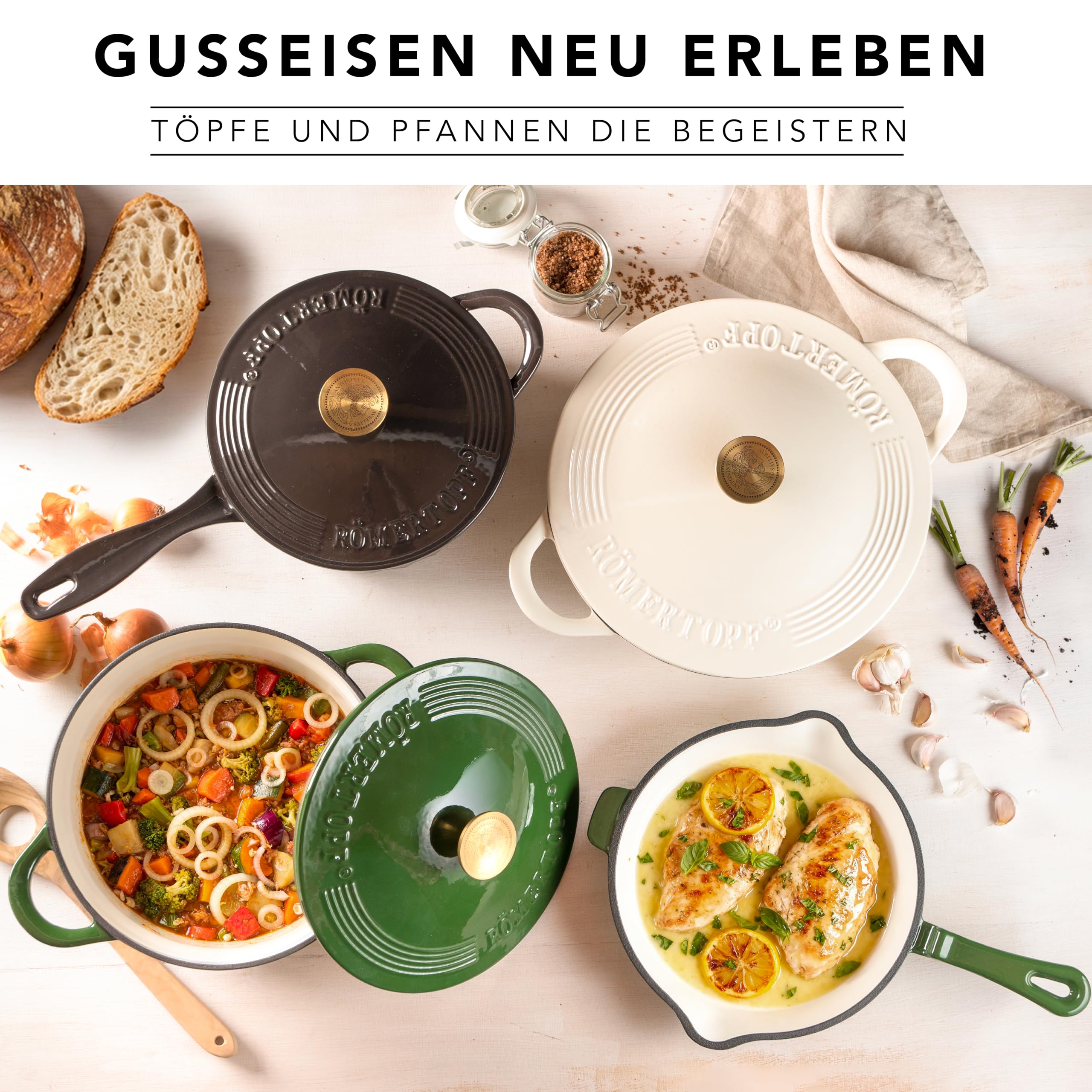 Römertopf Gusseisen Bratpfanne 28 cm emailliert für Induktion, Tiefgrün | Für alle Herdarten inklusive Induktion, backofenfest bis 250 °C, hohe Hitzespeicherung, PFAS-frei