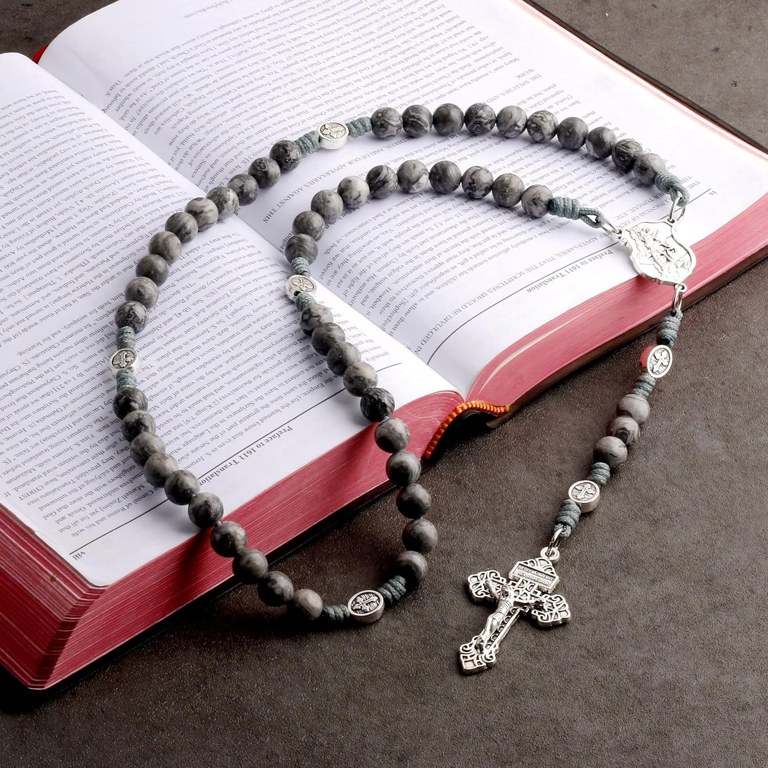 HanlinCC 10mm Natural Stone Beads Handmade Saint Michael Paracord Rosary Necklace with Religious Pouch - Image 7