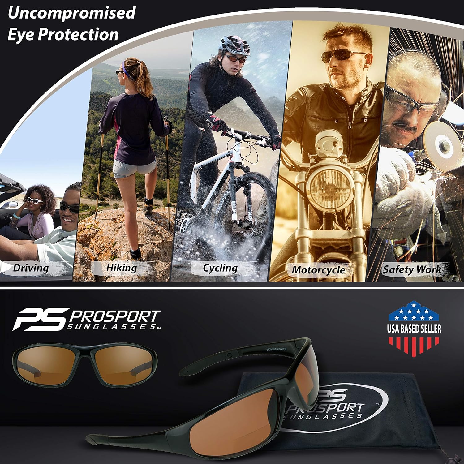 proSPORT Bifocal Sunglasses, HD Amber Lenses Blue Light Blocking, Improves Sleep, Sport Wrap Frame, Small to Medium Fit