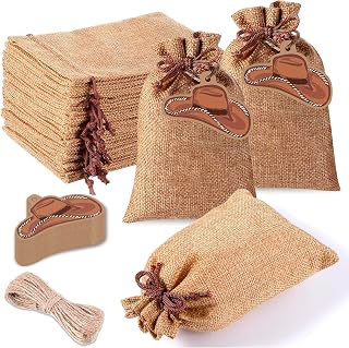 Qzvoio 50Pcs Burlap Drawstring Bags 4x6 Inches with Cowboy Hat Tags and 32.8ft Hemp Rope, Rustic Brown Reusable Candy Pouch for Cowgirl Theme Party Supplies and Western Wedding Favors