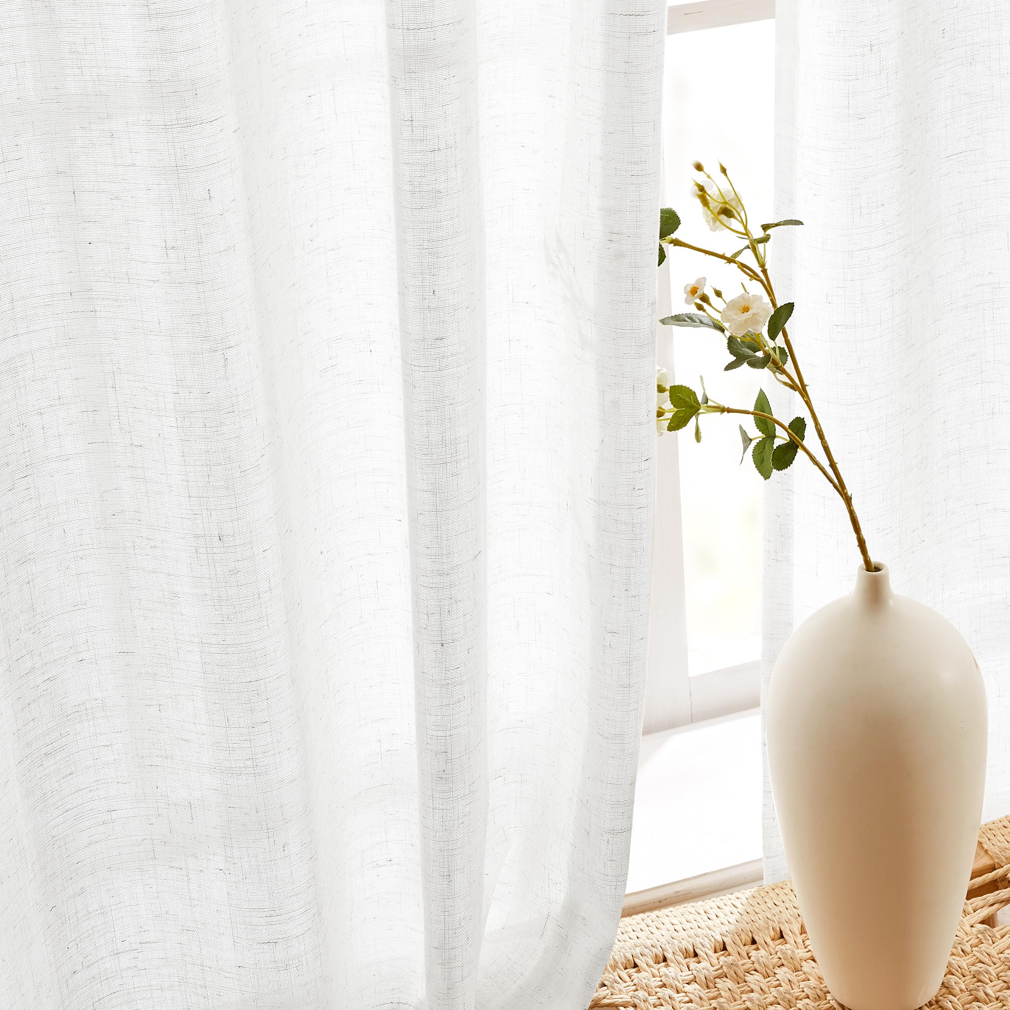 Deconovo Linen Look Net Curtains for Windows Semi Sheer Voile Curtains with Eyelets, 55 x 72 Inch, White with Natural Fleck - Image 3