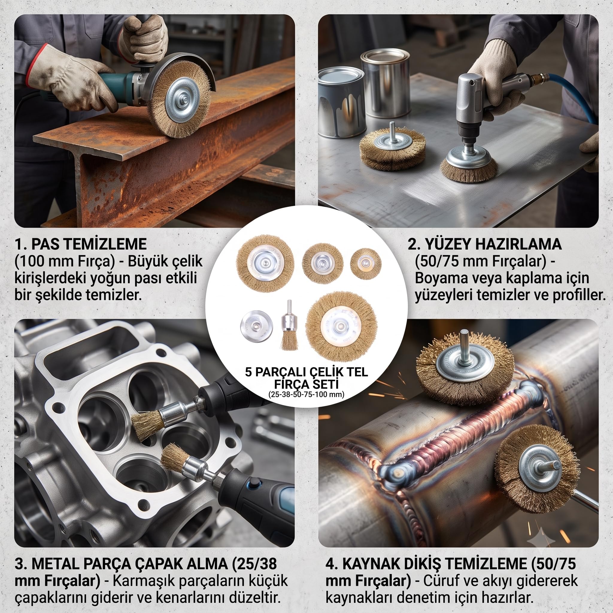 Çelik Tel Fırça Seti, 5 Parça, 25-38-50-75-100 mm, Endüstriyel Metal Temizleme ve Yüzey Hazırlama