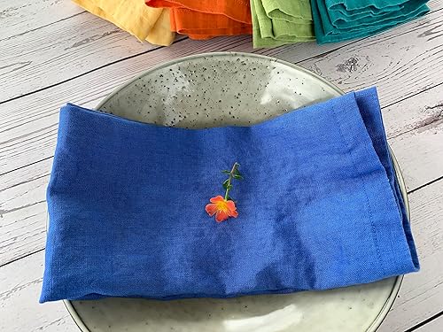 Miniatura 7 de Servilletas de lino 100% lino francés, servilletas de tela de lino puro lavado a la piedra, tamaño 18 x 18 pulgadas, juego de 4, Tropics (arándano)