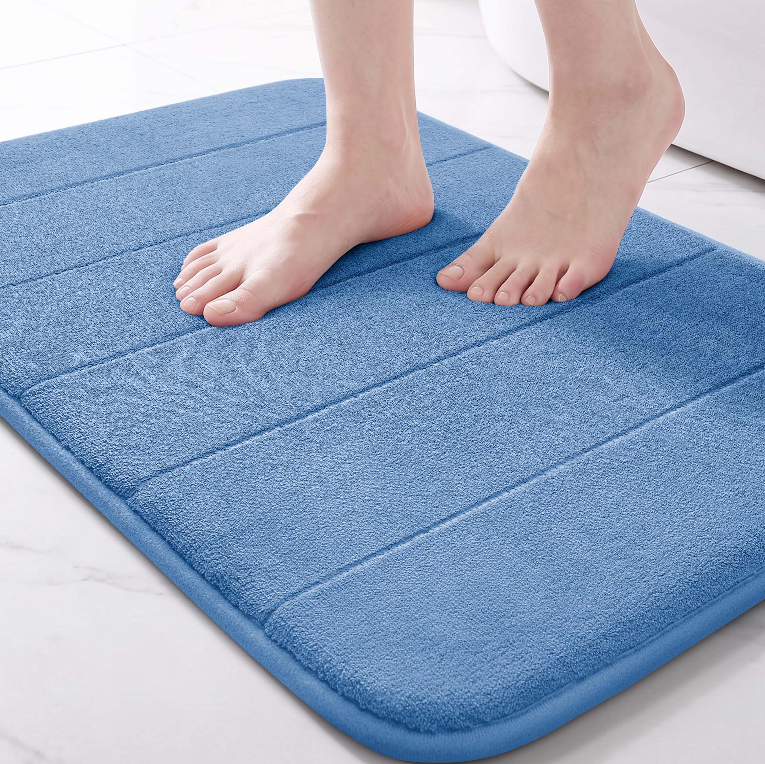 Yimobra Memory Foam Bath Mat, Super Soft Absorbent Bathroom Rug Non Slip, Quick Dry, Machine Washable Floor Carpet for Tub Shower, Home Decor Accessories, 24x17, Blue