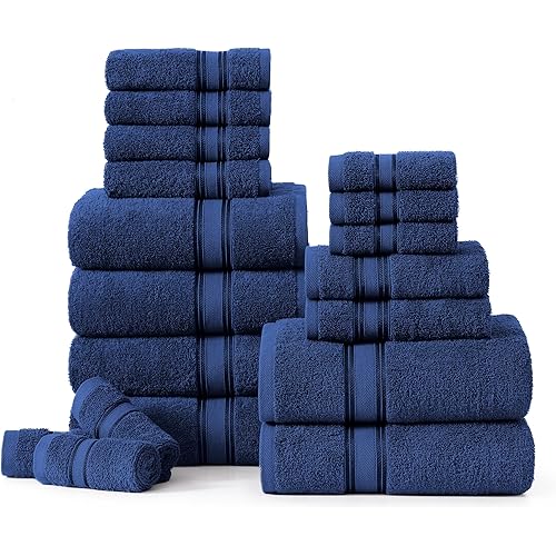 LANE LINEN 100% Cotton Luxury Bathroom Towel Set - 18 Pcs - Zero Twist, Quick Dry, Super Soft & Absorbent - 6 Bath, 6 Washcloths, 6 Hand Towels - Remains Fluffy Even After Multiple Washes - Navy Blue
