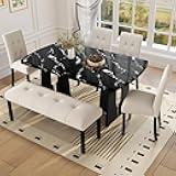 Merax 6-Piece Dining Table Set with Modern Faux Marble Oval Kitchen Tabletop, Four Upholstered Chairs and One Bench for Dining, Living Room, Kitchen, Easy Assembly, Black+Beige