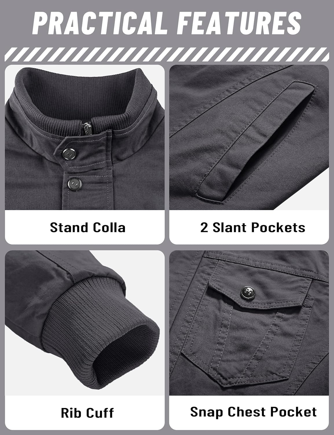 TACVASEN Men's Winter Jacket Fleece Lined Military Jacket Cargo Windbreaker Zip Front Stand Collar Coat with Multi Pockets - Image 5