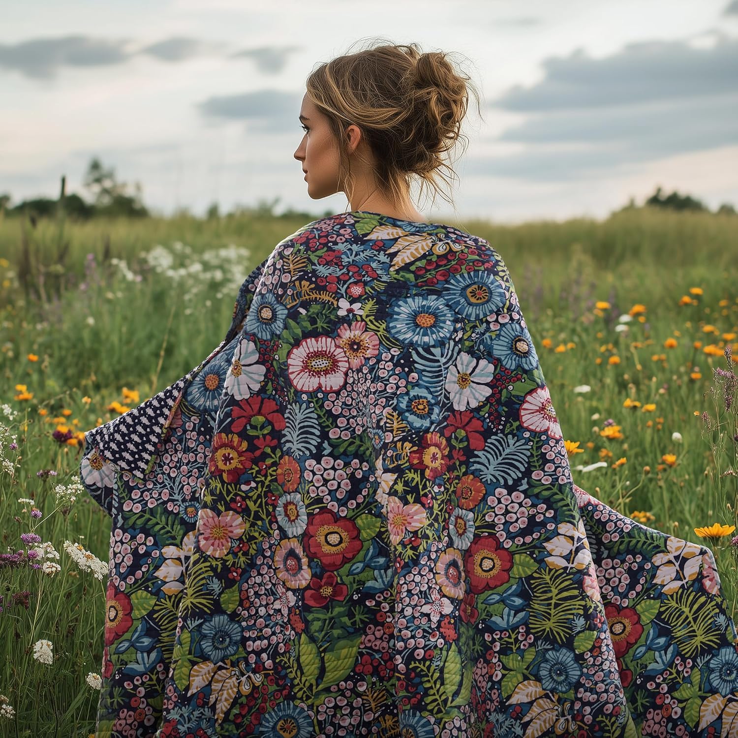 Levtex Home - Night Garden Quilt Set - Full/Queen Quilt and Two Standard Shams - Bold Floral - Navy Red Pink Green Ochre White - Quilt (88x92in.) and Shams (20x26in.) - Reversible - Cotton