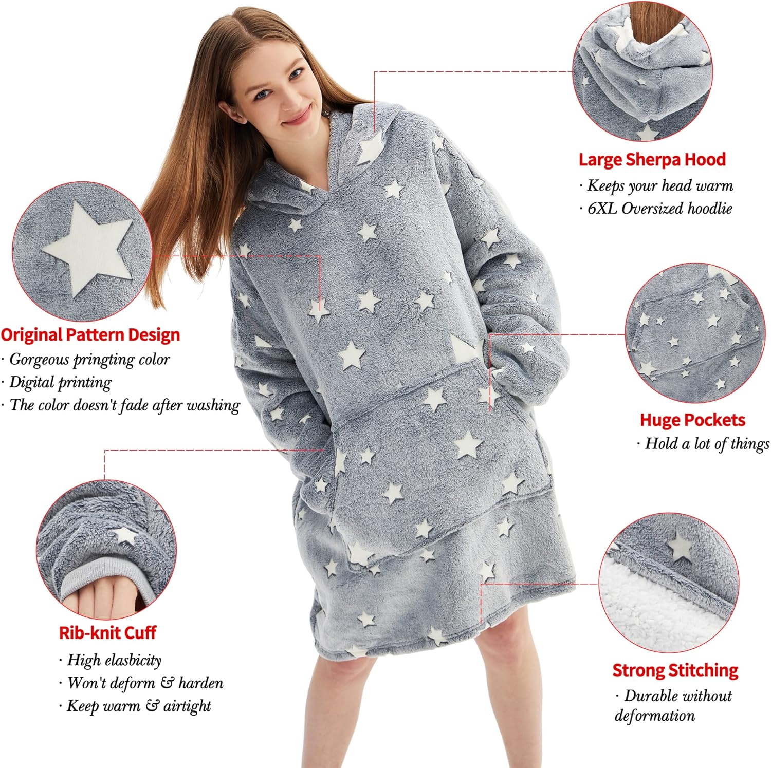 Wearable Blanket Hoodie Oversized, Glow in The Dark Soft Plush Warm Hooded Blanket Sweatshirt for Adults Women Men