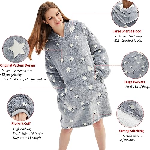 Miniatura 4 de Manta con capucha de gran tamaño, que brilla en la oscuridad, suave felpa cálida, sudadera con capucha para adultos, mujeres y hombres