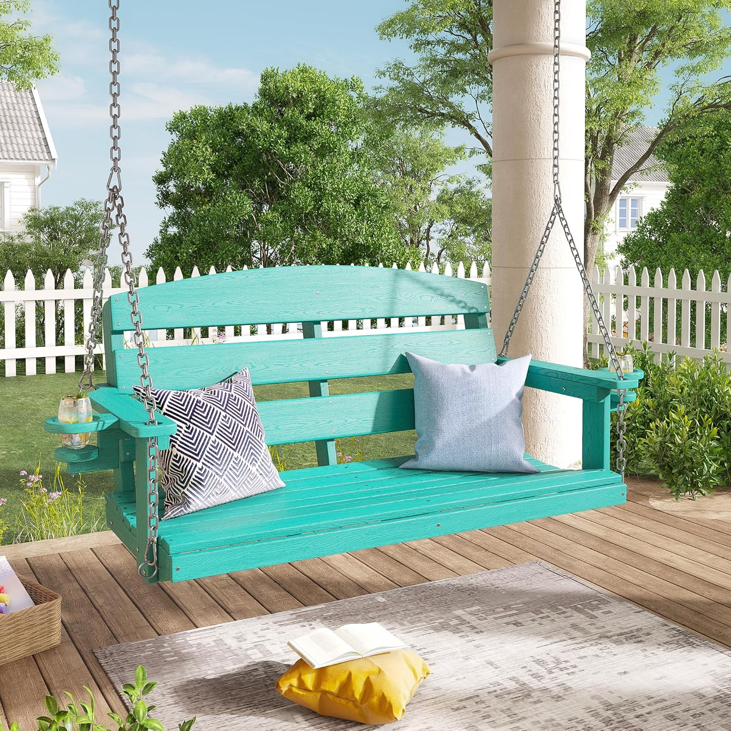 VICLLAX Outdoor Hanging Porch Swing, HDPE Patio Swing Chair with Cup Holders, 2 Seat Swing Chair Bench for Front Porch & Garden, Aruba