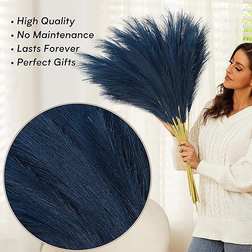 Miniatura 5 de Hierba azul de las pampas, 9 pompas artificiales florales esponjosas de 37 pulgadas 3.1 pies de alto, ramas de césped sintético grandes para