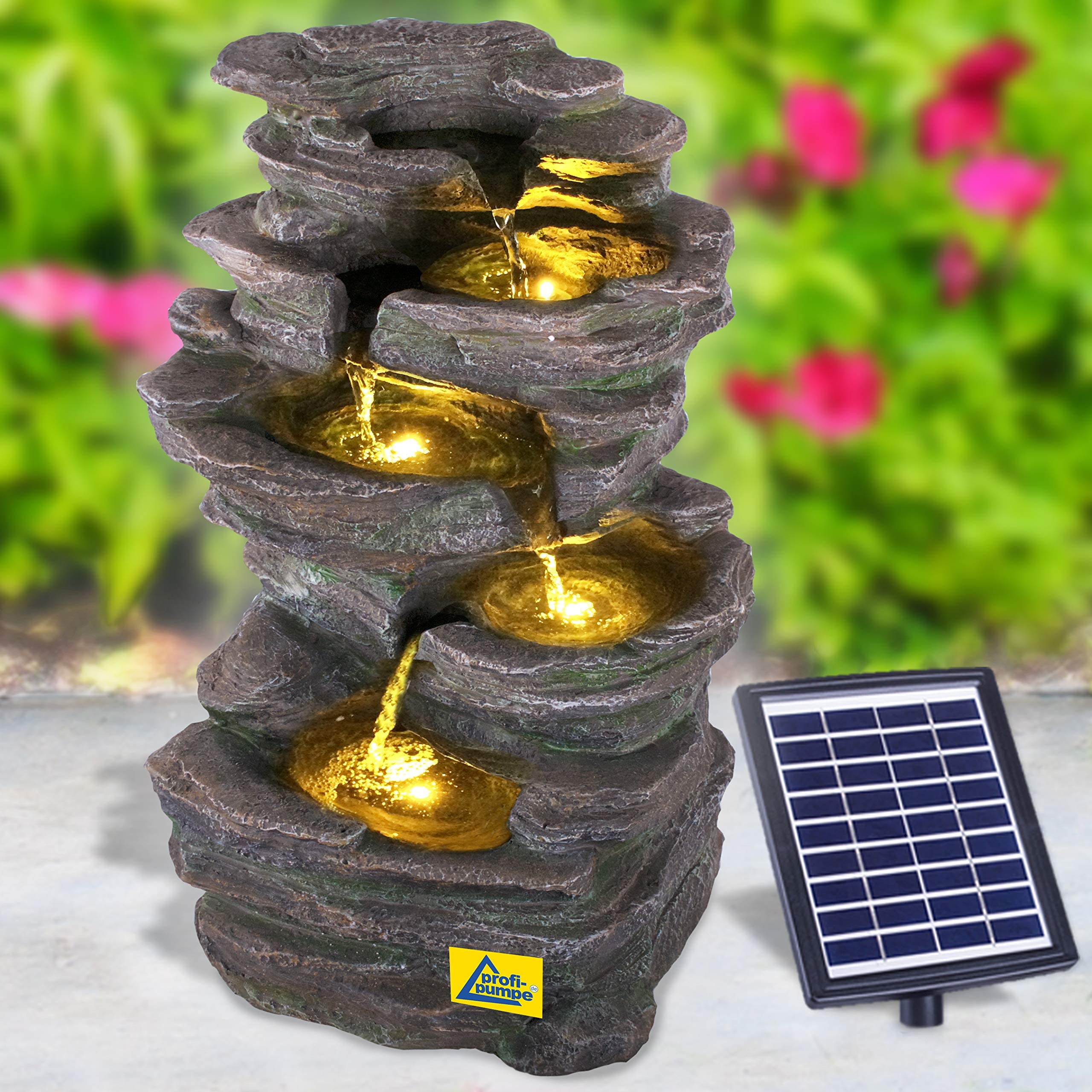Solar Gartenbrunnen Brunnen Solarbrunnen Zierbrunnen Wasserfall Gartenleuchte Teichpumpe für Terrasse, Balkon, mit Pumpen, mit Liion-Akku & Led-Licht (KÖNIGS-FELS)