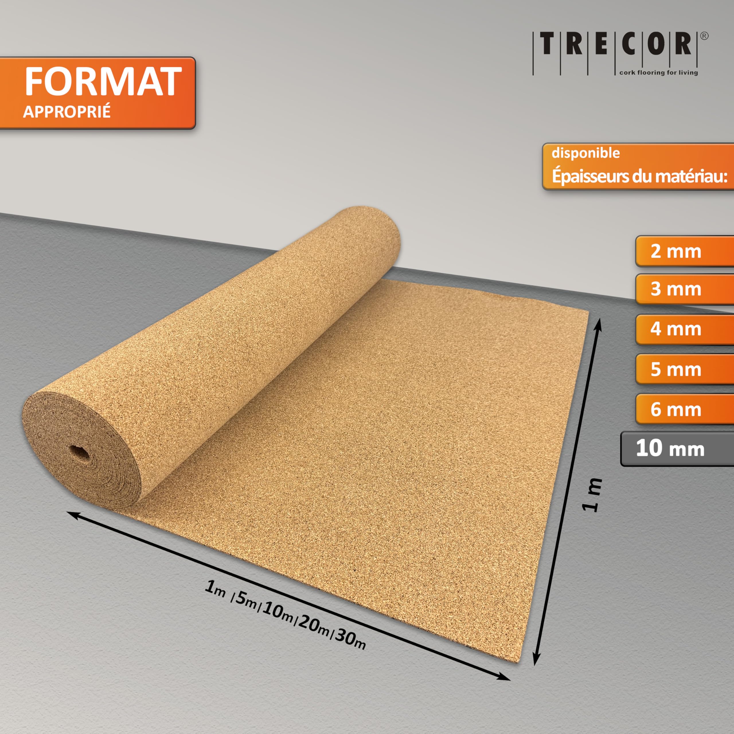 10 m² | Isolation phonique TRECOR Rouleau en liège – Épaisseur 10 mm – Isolation acoustique naturelle et écologique pour sols stratifiés et parquets – 10 m²