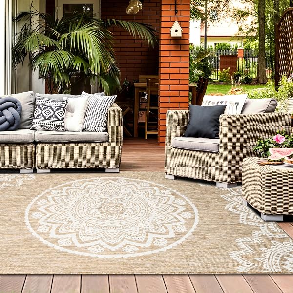 homeart Outdoor Rug - Easy-Clean, Durable, Stain-Resistant, Weather & UV Resistant Indoor & Outdoor Rugs for Porch, Deck, Balcony, Garden, Picnic and Patio | Mandala Natural, Cream - 120x170cm - 4