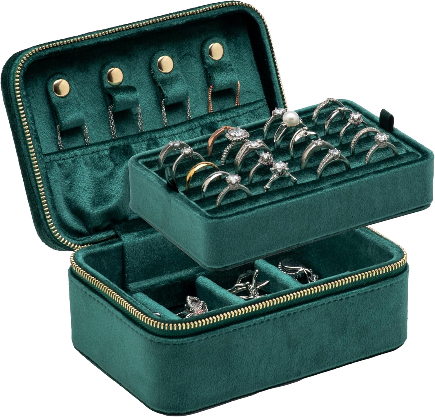 Velvet Travel Jewelry Organizer Box Ring Tray Holder with Zipper Around Portable Accessory Display Storage Case for Multiple Earrings Necklaces Bracelets (Green)