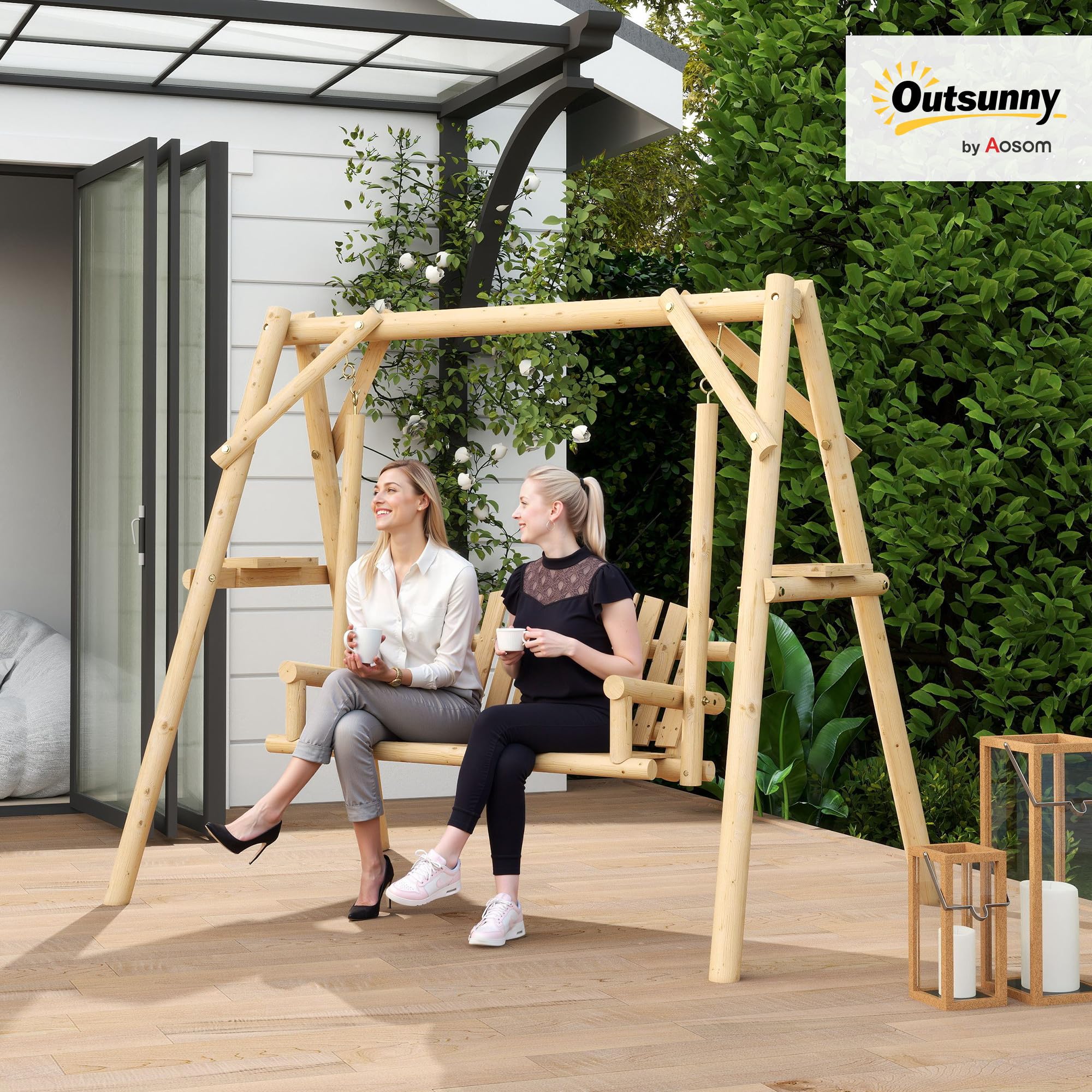 Outsunny Banco Columpio de Jardín de Madera de 2 Plazas Balancín de Jardín Exterior con Bandejas Laterales Reposabrazos y Estructura en A para Patio Porche Carga 240 kg 200x135x175 cm Natural