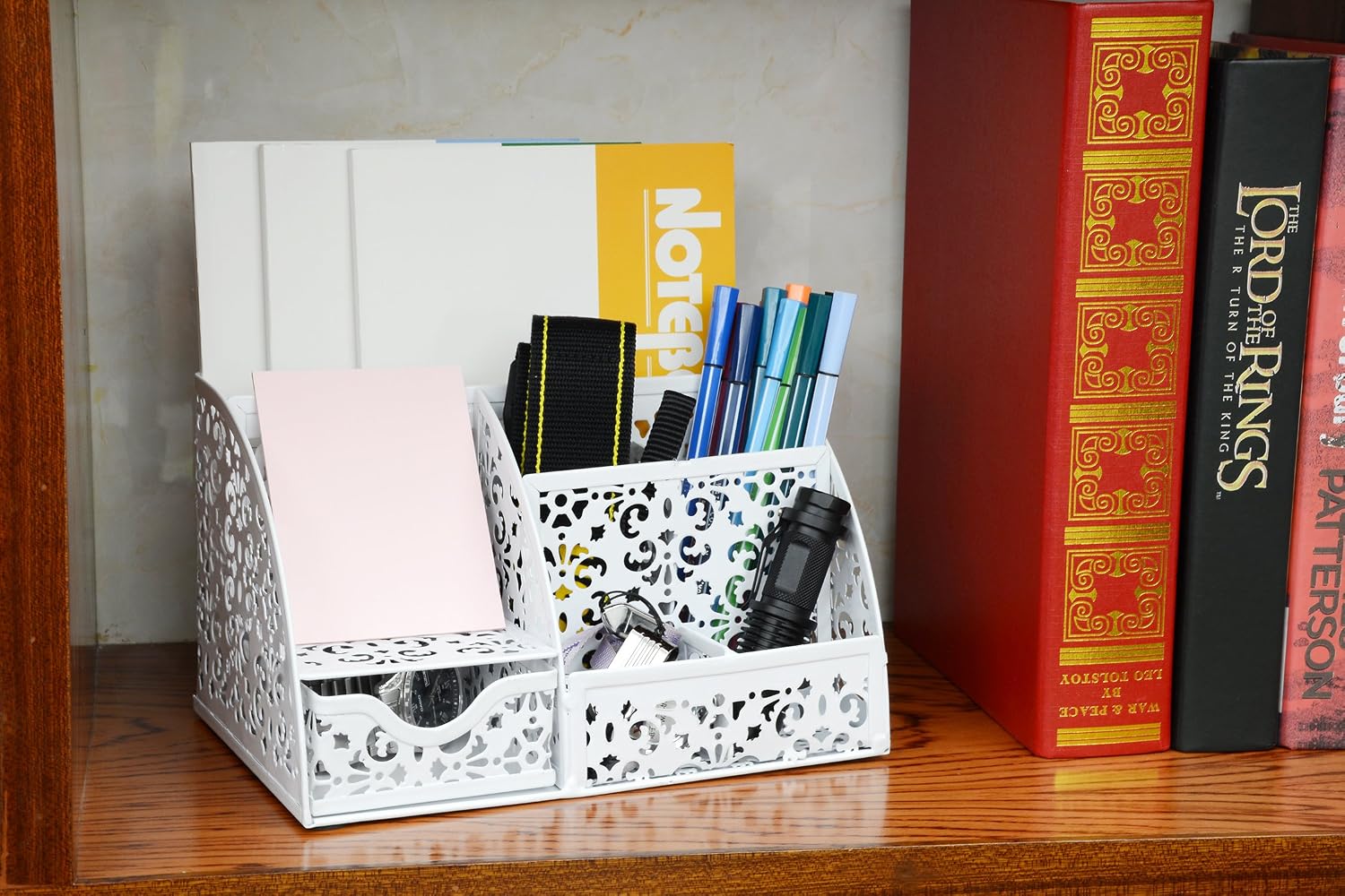 EasyPAG Desk Organizer Caddy with 6 Compartments and 1 Sliding Drawer Desktop Accessories Office Supplies Holder for Home School Classroom,White