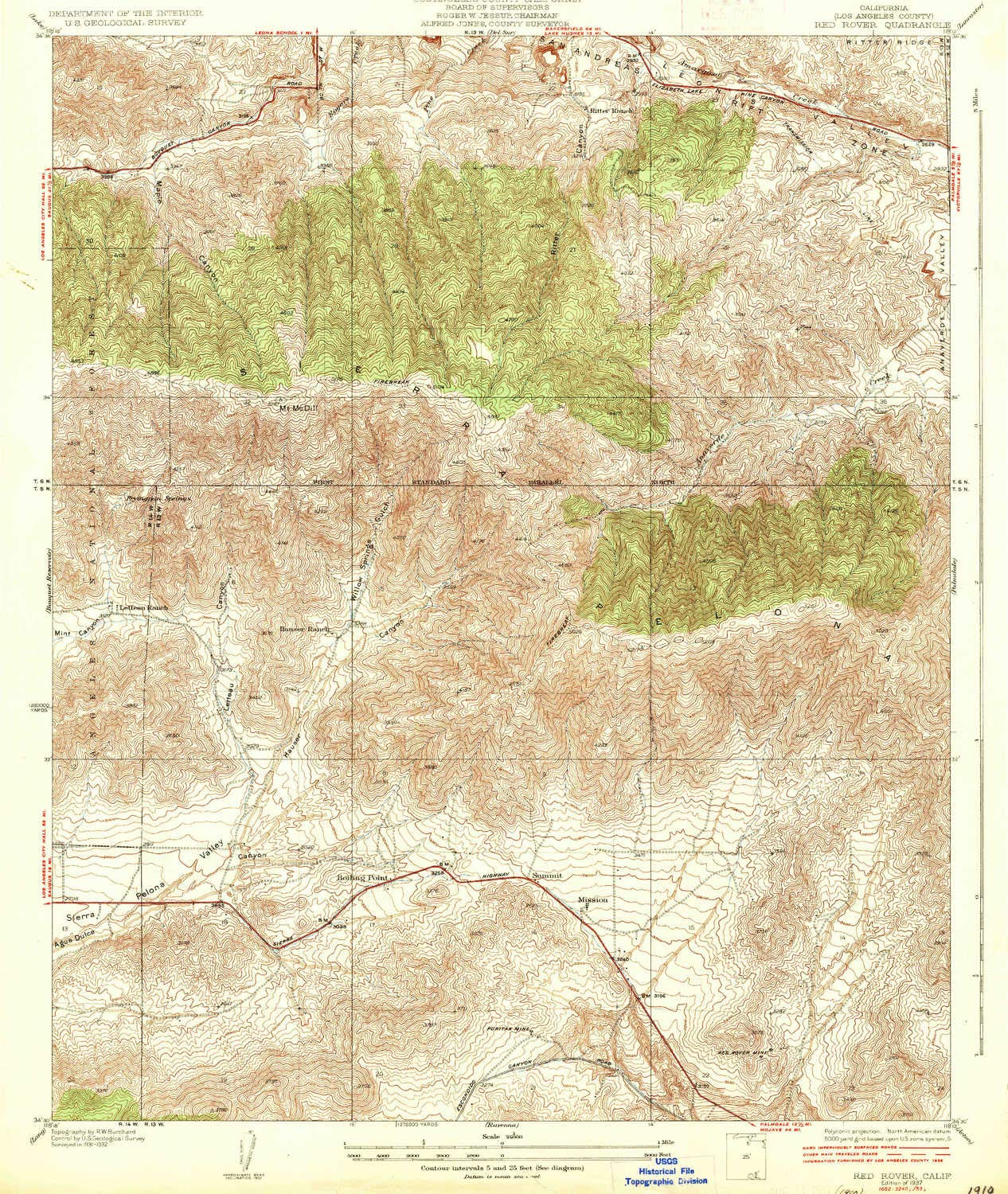YellowMaps Red Rover CA topo map, 1:24000 Scale, 7.5 X 7.5 Minute, Historical, 1937, 20 x 16.9 in - Tyvek