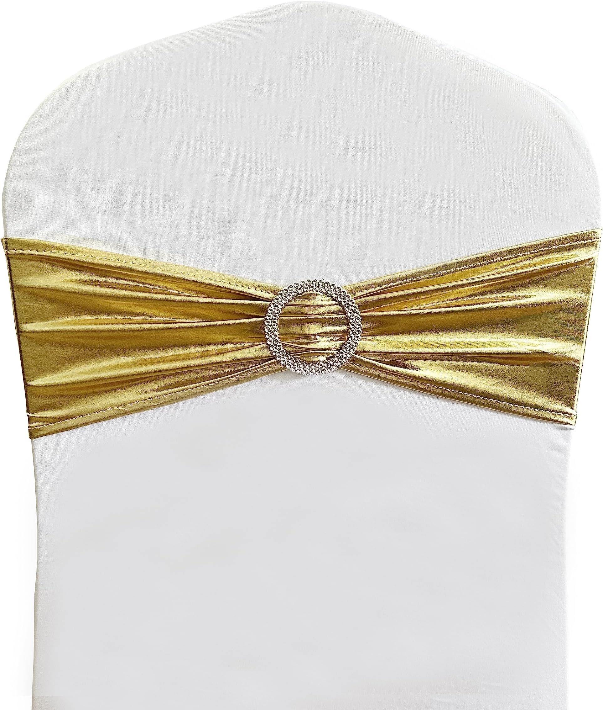 iEventStar Spandex Chair Sash Cover Stretch Band with Buckle Slider Sashes Bow Hotel Wedding Banquet Decoration (50, Metallic Gold)