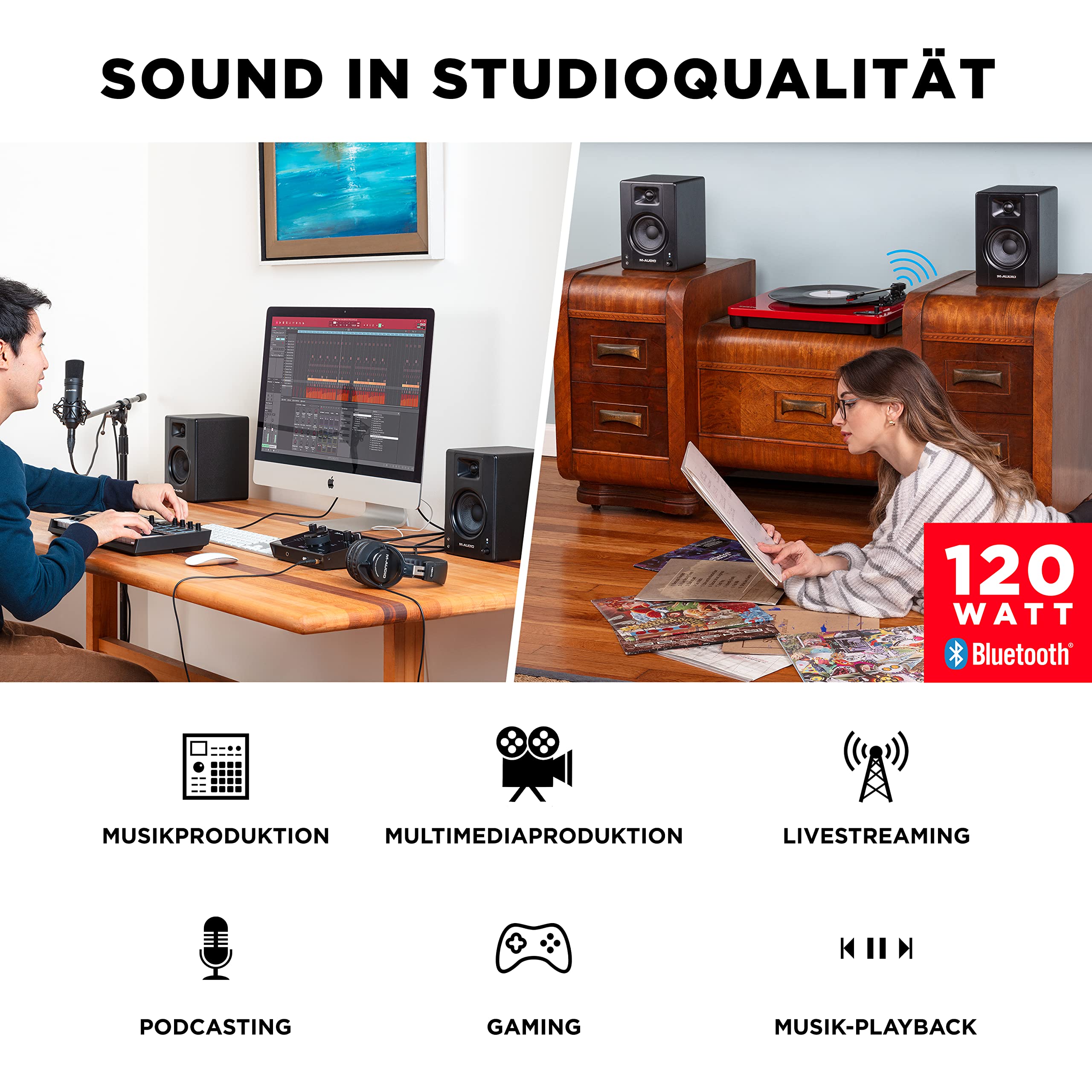 M-AUDIO BX4BT 4.5-Zoll Studio-Monitore mit Bluetooth High-Definition Monitor Lautsprecher Boxen für Recording und Multimedia, Paar