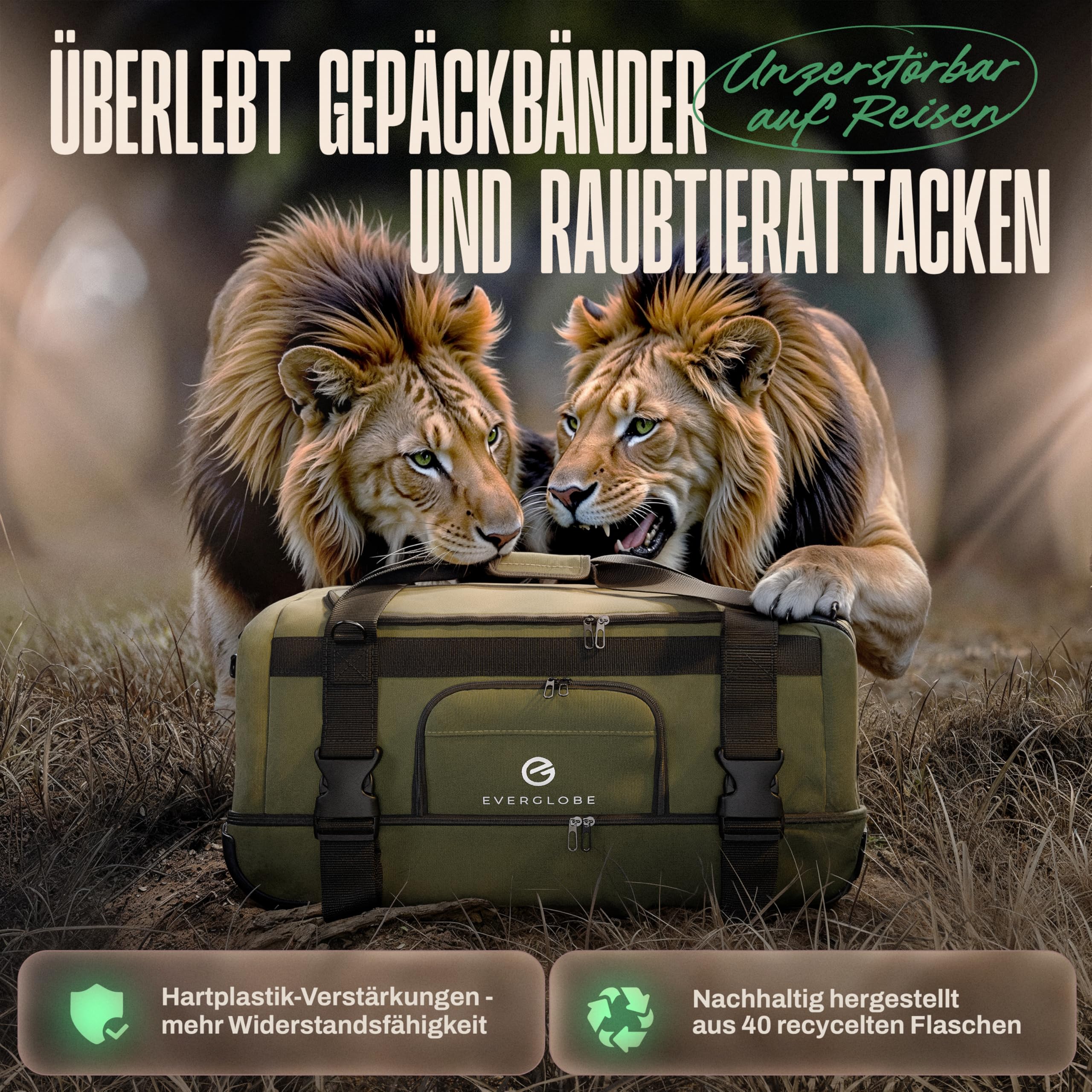 Reisetasche mit Rollen 120L Groß XXL [Khaki] 3in1 Luggage - Tasche, Trolley, Rucksack mit Rollen | Travel Bag, Reisetaschen für Herren & Damen, Reisetasche Herren | Rollkoffer oder Reise Tasche