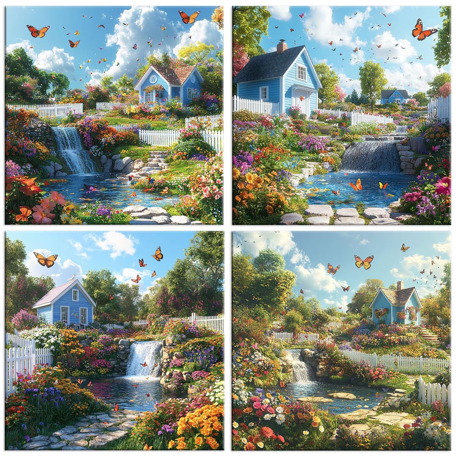 Obraz diamentowy do ogrodu krajobrazu, obraz 5D, 45 x 45 cm, t-188 | Zestaw 4 sztuk diamentowych malarstwa dla dorosłych, 5D "zrób to sam", mozaika do relaksu i jako dekoracja ścienna na prezent