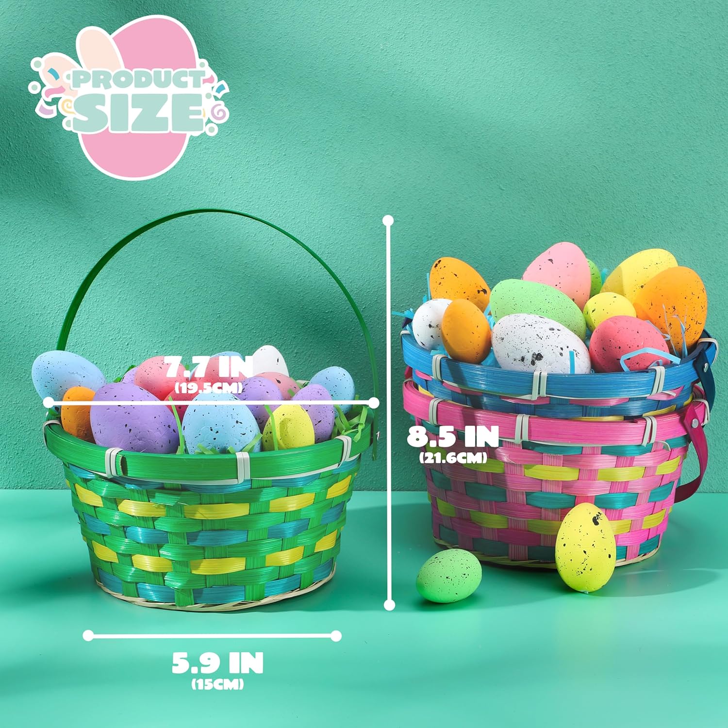 JOYIN 3 Pcs Easter Bamboo Baskets Woven Goodie Empty Gift Basket with Handle and Grass Paper Shreds for Easter Egg Hunt, Kids Party Supplies, Filling with Candy & Party Favors(7.7"X8.5")