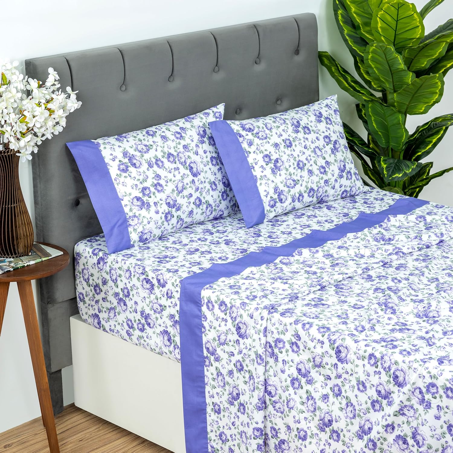 Dreamology Sheet Set - King Size, 4 Piece Ultra-Soft Microfiber Bed Sheets with Flat Sheet, 16 Inches Deep Pocket Fitted Sheet & Pillowcases, Breathable, Bedroom Decor (Purple Blossom, King)