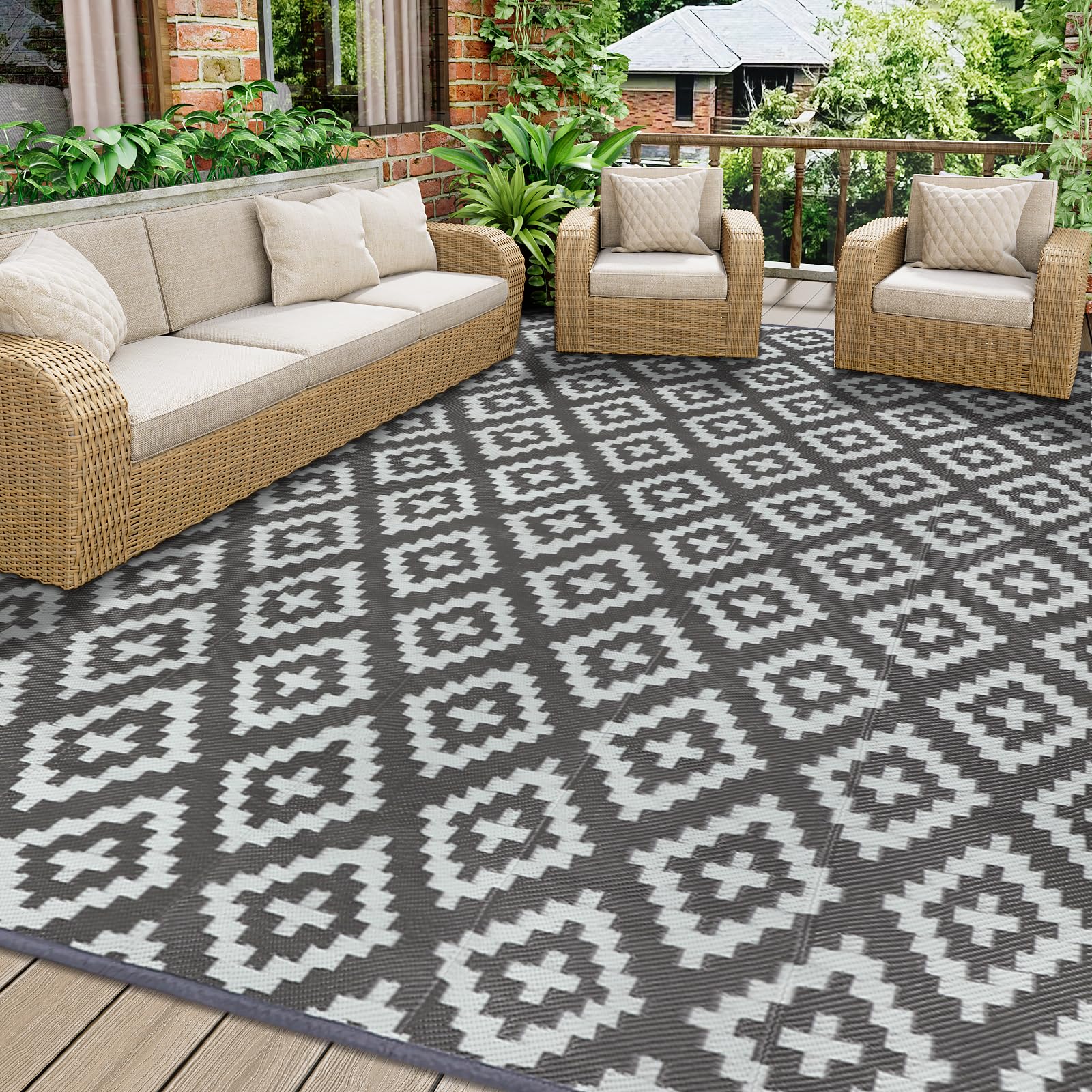 Outdoor Rug 180x270cm Grey Garden Rug Outdoor Waterproof Patio Rugs UV Resistant Camping Mat Plastic Straw Rugs for Patio Balcony Beach BBQ Picnic Deck