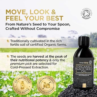 Black Seed Oil Organic Cold Pressed – Up to 5X Strength Thymoquinone | Gold Standard Pure Virgin Nigella Sativa (Black Cumin, Kalonji) | 200ml | Inner Vitality