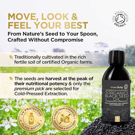 Black Seed Oil Organic Cold Pressed – Up to 5X Strength Thymoquinone | Gold Standard Pure Virgin Nigella Sativa (Black Cumin, Kalonji) | 200ml | Inner Vitality