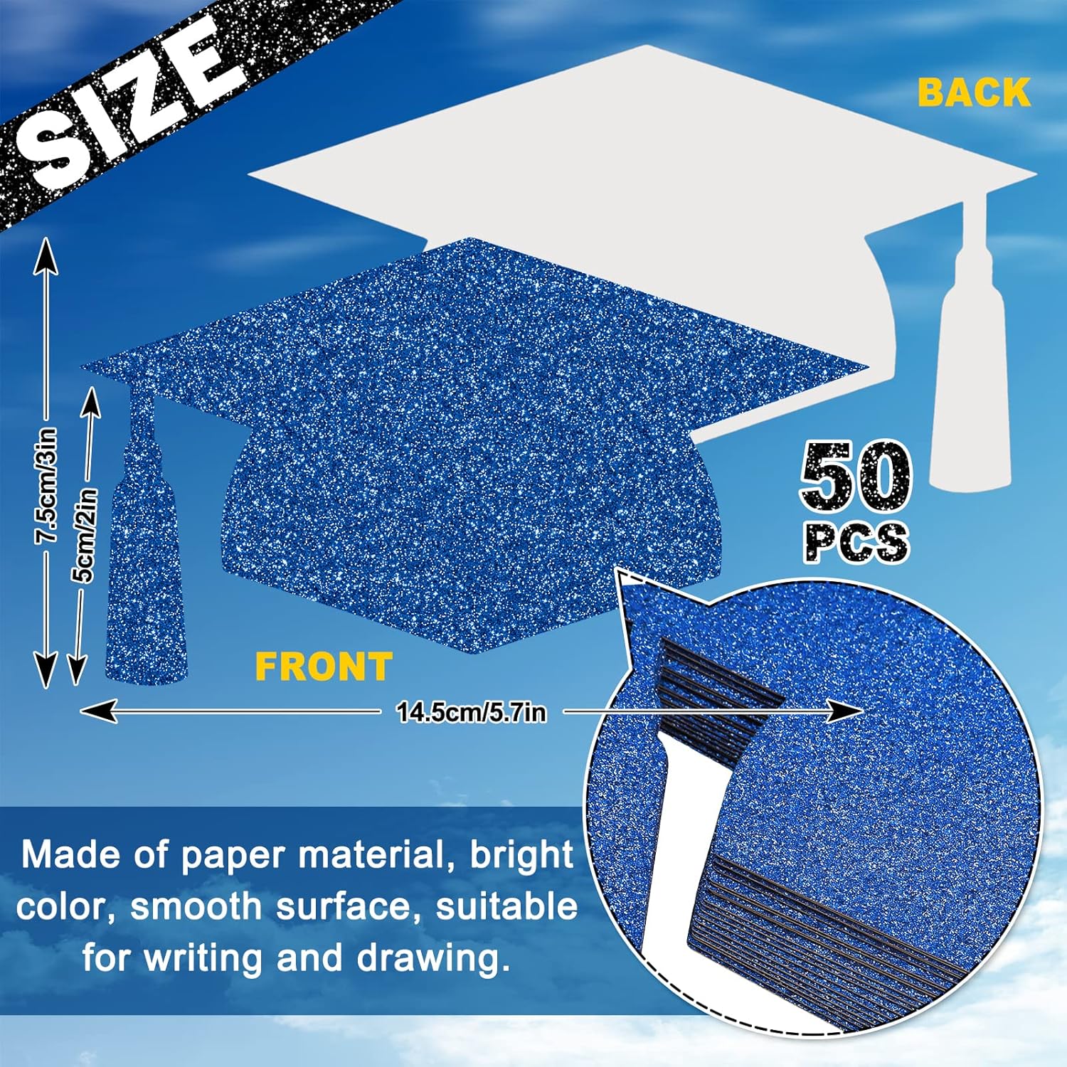 Whaline 50Pcs Grad Caps Cutouts Glitter Blue Graduation Paper Cutting with 100Pcs Glue Points Grad Cap with Tassel Shaped Confetti for High School College Graduation Party Supplies, 5.7 Inch