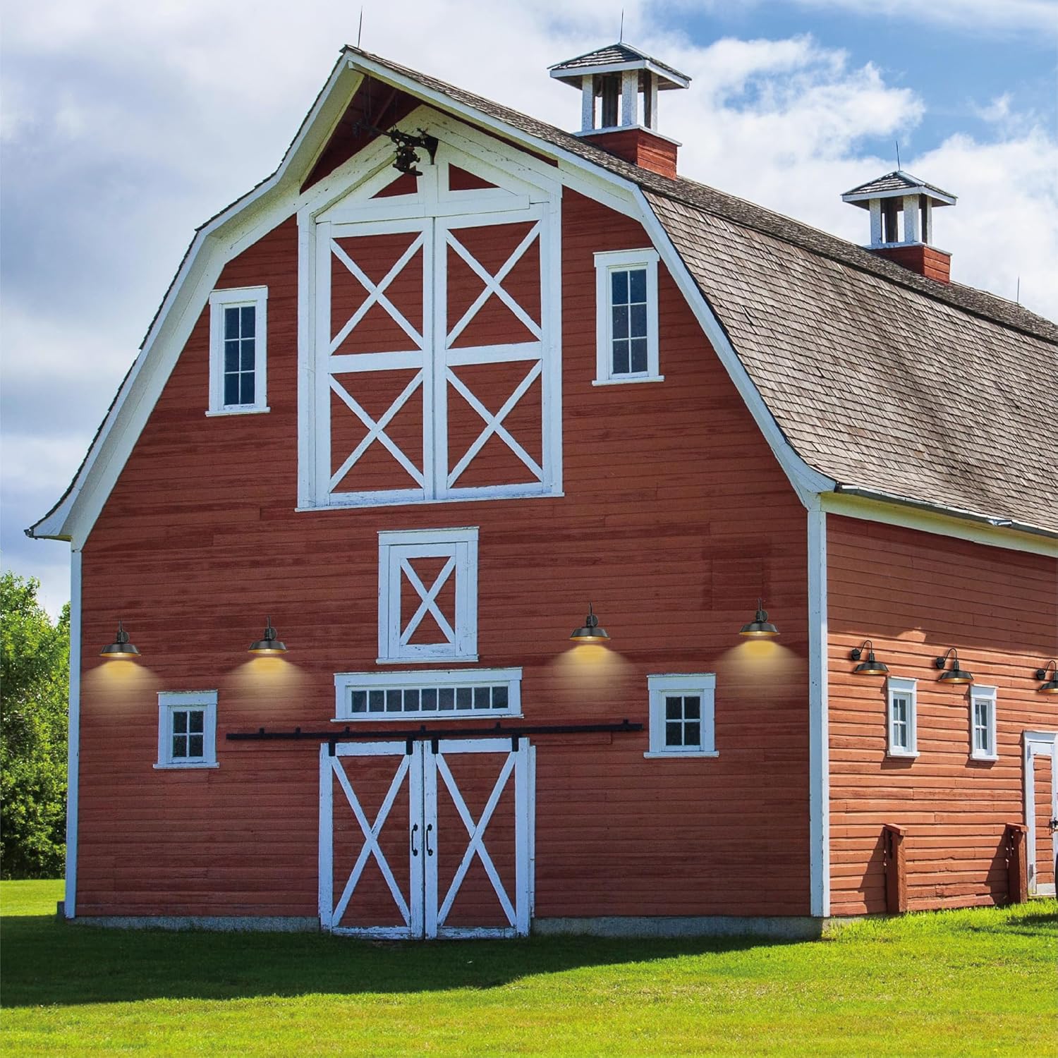 Gooseneck Barn Light 13 inches Dusk to Dawn Sensor Farmhouse Outdoor Wall Sconce 2 Pack Exterior Wall Mount Lights, Black Color with Gold Interior for Porch, Patio, Garage, Entryway(Medium)
