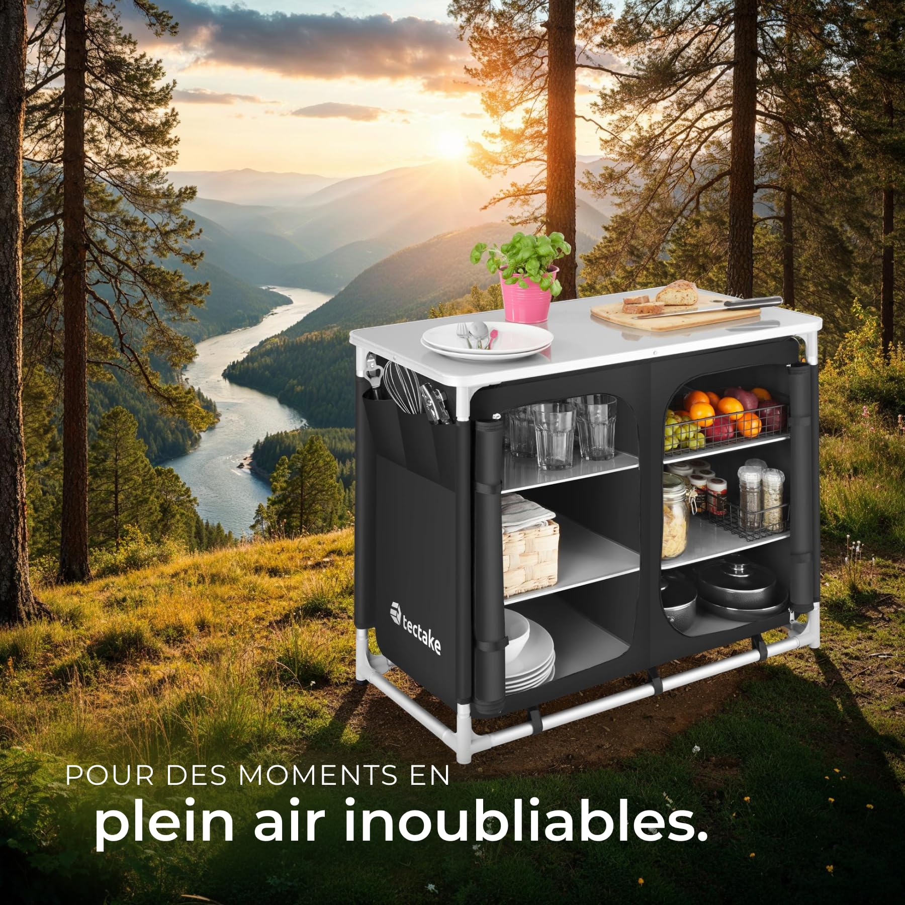 tectake® Meuble de Rangement Cuisine de Camping Pliable en Aluminium, avec Étagères, Plan de Travail, Pieds réglables, Sac de Transport Inclus, Stockage pour Vaisselle, Accessoires Cuisine, Aliments