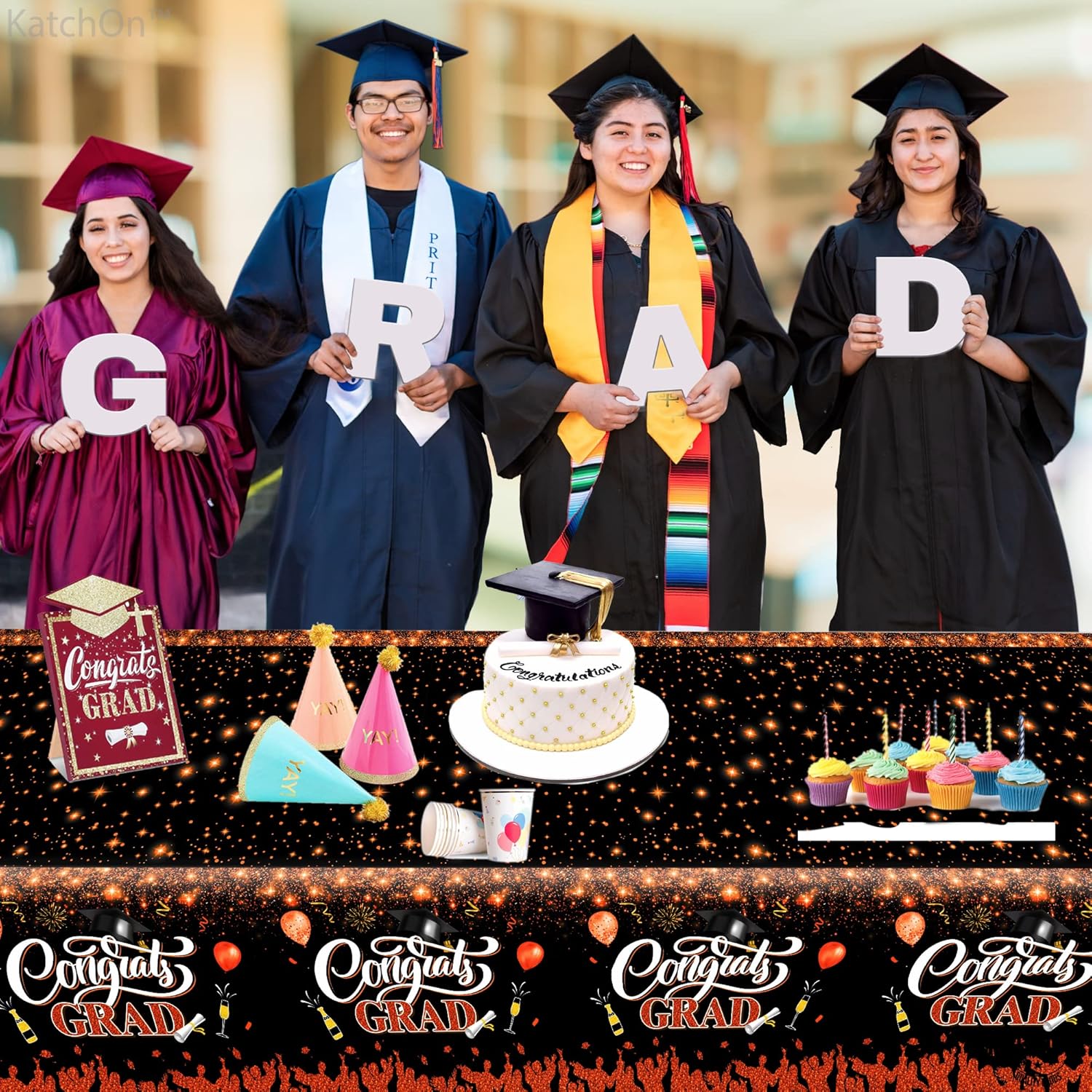 KatchOn, XtraLarge Orange and Black Graduation Tablecloth - 108x54 Inch, Pack of 3 | Congrats Grad Banner, 72x44 Inch | Congratulations Banner | Orange and Black Graduation Decorations Class of 2026