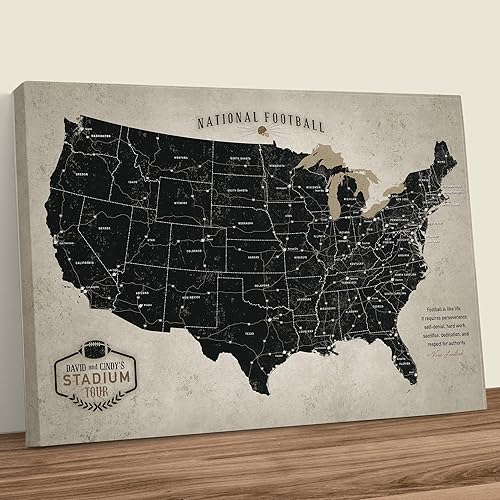 Vista 26 de HolyCowCanvas Personalized Canvas Football Stadium Map Tracker with Pins, Metal Footballs, Customized Sports Gift, Push Pin USA Map (Green Vintage)