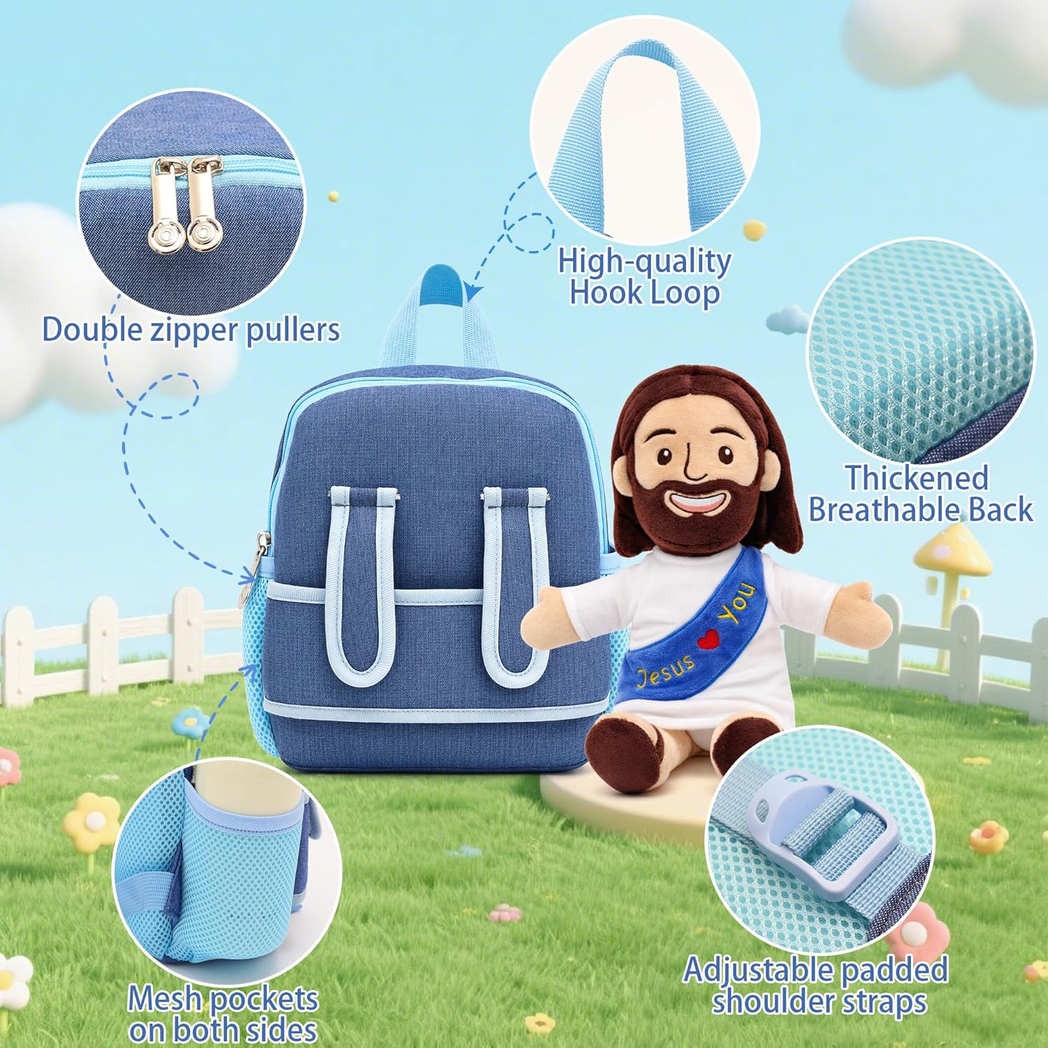 Yelakey Toddler Backpack Jesus Plush Bag with Jesus Doll Take-Along Toy for Boys Girls Travel Birthday Gift