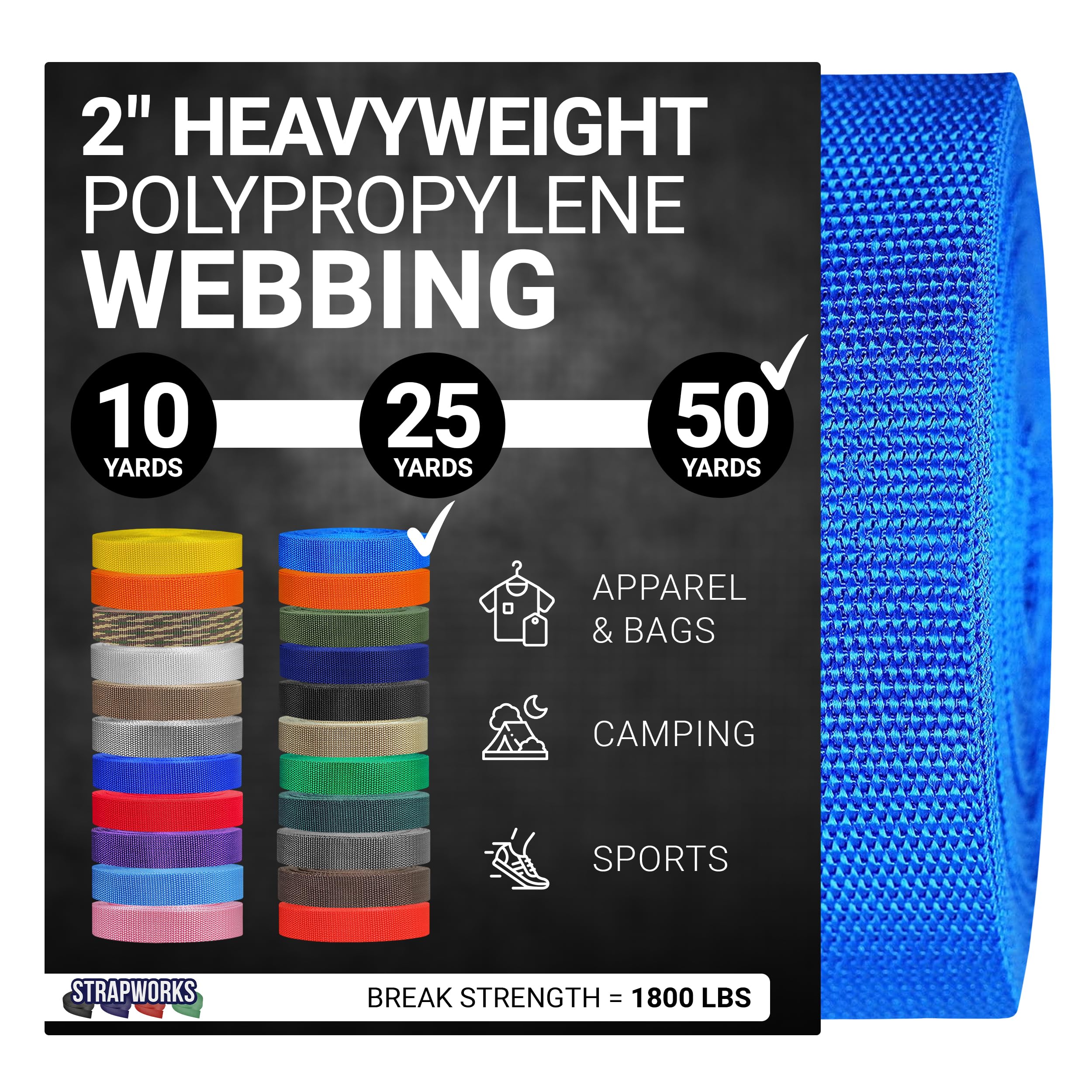 Strapworks Heavyweight Polypropylene Webbing - Heavy Duty Poly Strapping for Outdoor DIY Gear Repair 2 Inch x 50 Yards - Pacific Blue